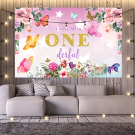 Miss Onederful Backdrop, Floral Butterfly Happy 1st Birthday Photography Background Wall Banner, Baby Girls 1st Birthday Party Decorations Supplies, 6x4ft