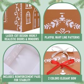 Gueevin 24 Pcs Large Christmas Gingerbread House Gift Boxes Xmas Cookie Packaging with 12 White & 12 Red Ribbons for Festive Holiday Treats & Party Favors(8.3 x 8.3 x 8.5 in)
