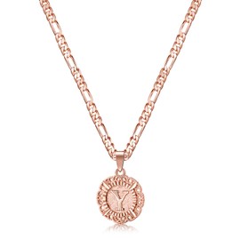 Initial Necklace For Women Girls, Rose Gold Plated Round Letter Pendant Necklace Capital Monogram Necklace Alhpabets from A-Z Figaro Chain Necklace(Rose Gold Y)