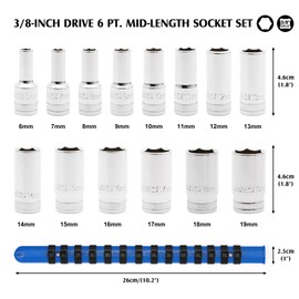 MIXPOWER 3/8" Drive Mid-Length Socket Set with Storage Rails, 14-Piece, 6 Point, 6-19mm, CR-V, Metric, Semi-Deep Socket Set