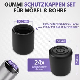 Filzada® 24x Stuhlbeinkappen Rund D20mm - Schwarze Schutzkappen für Stuhlbeine - Stuhlbeinkappen Outdoor geeignet - Gummifuß - Gummikappen - Gummikappe - Rohrkappen - Gummifüße Stuhl/Gartenstühle