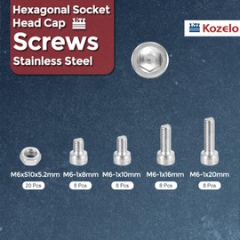 Kozelo 75pcs M6 Socket Head Cap Screws Bolts Nuts Assortment Kit - [M6x8/10/16/20mm] 304 Stainless Steel Allen Socket Drive for 3D Printer