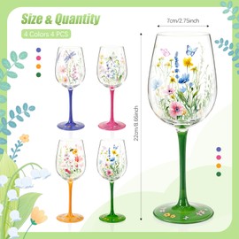 Nuogo 4 PCS Wild Flower Wine Glasses - 15 oz Hand Painted Floral Dragonfly Butterfly Stem Glass Goblet Novelty Gift for Hostess, Birthdays, Weddings, Housewarming, Spring Summer Party