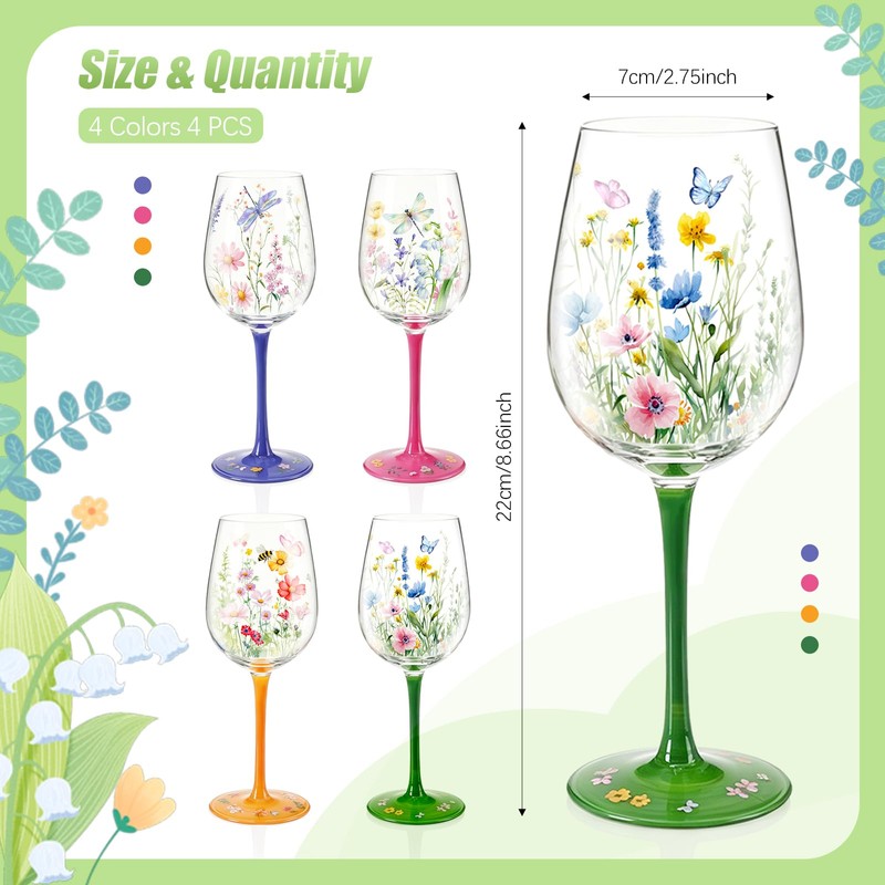 Nuogo 4 PCS Wild Flower Wine Glasses - 15 oz
