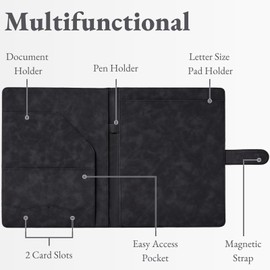 Mymazn Padfolio Portfolio Binder, Faux Leather Interview Resume Folder with Document Organizer & Business Card Holder, Letter-Sized Notepad Legal Pad Holder for Women Men (Black)
