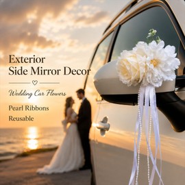 Wedding Car Decorations, 4 PCS Artificial Flower Car Door Handle & Side Mirror Decorations with Suction Cups and Pearl Accents