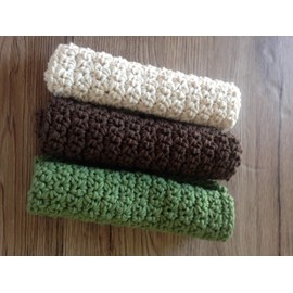 Cotton Crochet Dishcloths, Set of 3 in Earth Colors, Brown, Ecru and Green.