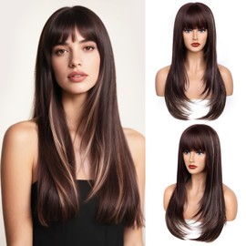 YUCCAHA Brown Blonde Highlights Synthetic layered Wig with Bangs for Women Wear and Go glueless Wig 26 Inch Middle Part Long Straight Colorful Costume Wigs Heat-Resistant Fiber for Daily Party Use