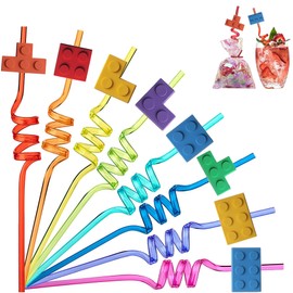 Pack of 16 building blocks children's birthday party decoration, reusable drinking bow straws, birthday party bags, ego souvenir children's birthday party