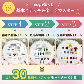 Aviria Embroidery Beginner's Kit | 3 Practice Cloths, 9 Embroidery Needles, 22 Bundles of Embroidery Thread, Wooden Frame, Japanese Instruction Manual & Video Instruction Manual Included | Supports 30