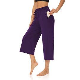 DIBAOLONG Womens Capri Pants Loose Yoga Pants Wide Leg Drawstring Comfy Lounge Pajama Capris Sweatpants with Pockets Purple M