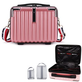 VNIMTI Makeup Travel Case, Hard Shell Cosmetic Case Organizer, Portable Cosmetic Bag, Mini Makeup Luggage with Shoulder Strap, ABS Surface, Zipper, Large Capacity, Pink