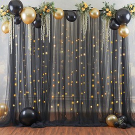 10x10ft Black Tulle Backdrop Curtain with Lights String for Parites, Sheer Backdrop Curtains for Wedding Baby Shower Birthday Party Photo Shoot Decorations
