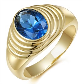 Aurelia Mae Womens Chunky Gold Ring | Sapphire Oval Cubic Zirconia Ribbed Ring Dome Band | Bold Signet Ring Oval Gemstone Statement Ring | Gift for Her Christmas Gift (Size 7)