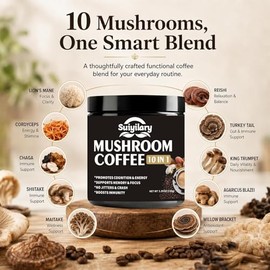 Suiyilary Café Champiñón, Mezcla De Hongos 10 En 1- Melena De León, Reishi, Chaga, Cordyceps, Cola De Pavo, Suplementos Cerebrales Con Café Instantáne