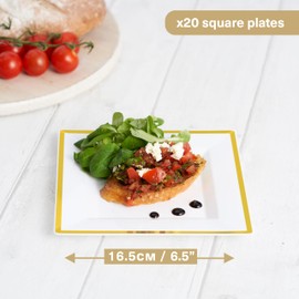 MATANA 20 Premium Square White Plastic Dessert Plates with Gold Rim, 16.5cm / 6.5 Inch - Reusable Small Side Plates, Starter Plates for Weddings, Birthdays, Picnic, BBQ, Parties