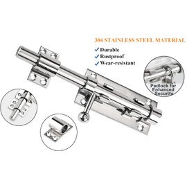 Litensh Heavy Duty Sliding Gate Latch Bolt Door Lock with Padlock Hole, 304 Stainless Steel Safety Barrel Gate Bolt Latch, 12mm Dia. Black (105MM Stainless Steel)