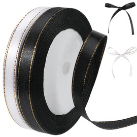 CABODYALS 2 Rolls 48 Yards 3/8 Inch White Black Satin Ribbon with Gold Trim Thin Polyester Golden Border Edges Satin Fabric Ribbons Bulk for Sewing Making Craft Gift Wrapping Wreaths Wedding Decor Diy