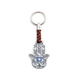 Claro Schmuck Key Ring Metal Thickness 2 mm Faux Leather Cord Total Length Approx. 9 cm - 11 cm, Hand of Fatima