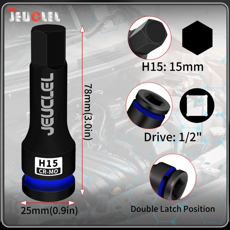 JEUCLEL 15mm Hex Impact Bit Socket, H15 1/2-Inch Impact Drive