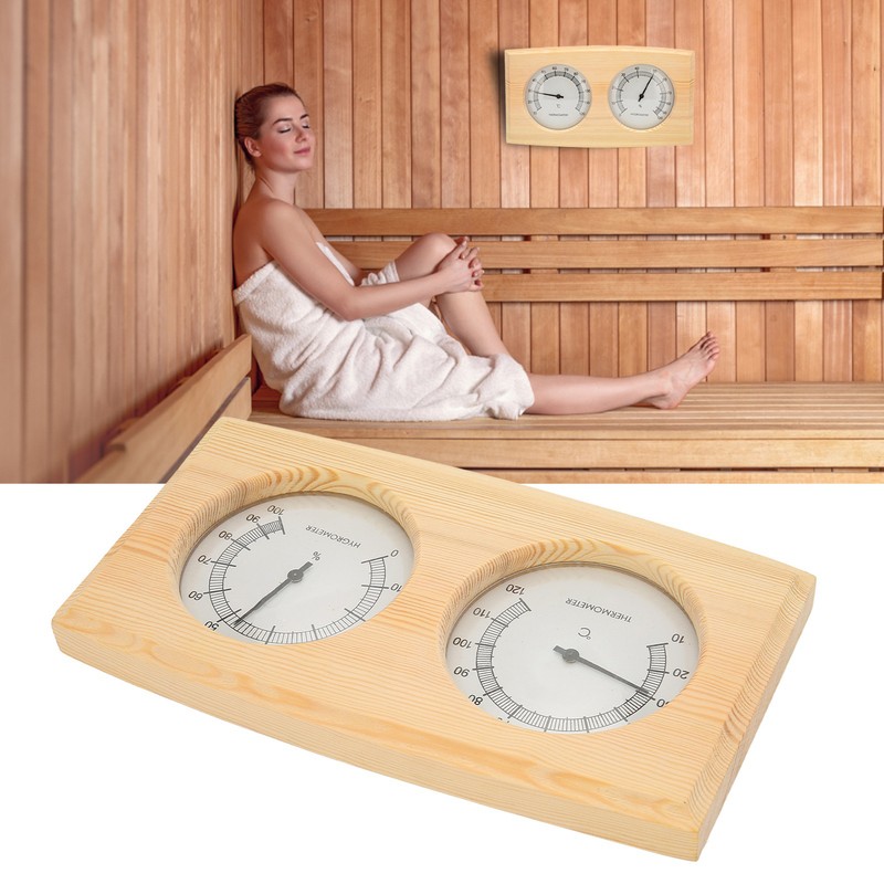 Wooden Thermometer Hygrometer for Sauna Room Double Dial Pointer Type