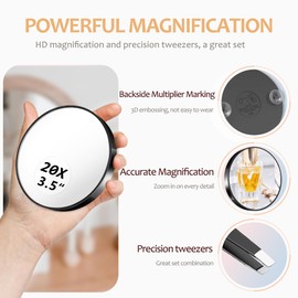 WOHOMIBAN 20X Magnifying Mirror, Magnified Mirror 3.5" with Two Suction Cups and Tweezer, Travel Magnifying Mirror Set Comes with Portable Storage Bag, Small Magnifying Mirror for Travel(Black)