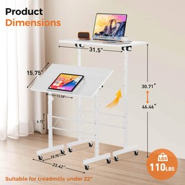 GTRACING Standing Desk Adjustable Height & Tiltable Tabletop, Small Mobile Computer Table for Laptop, Portable Home Office Desk for Stand Up Work and Walking Pad Treadmill, Height 30.7"-46.4", White