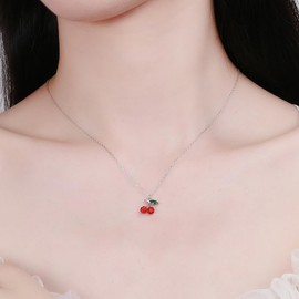 IMINI Cute Red Cherry Pendant Necklace for Women Girls 925 Sterling Silver Cubic Zirconia Paved Crystal Fruit Green Leaf Adjustable Chain Choker Necklaces Exquisite Jewelry for Her with Box (Silvery)