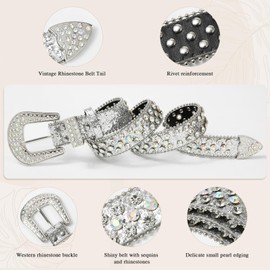 Monopa Rhinestone Belt for Women Men - Western Cowgirl Sequin Diamond Bling Studded Belts for Jeans Pants (130cm, 1-Silver)