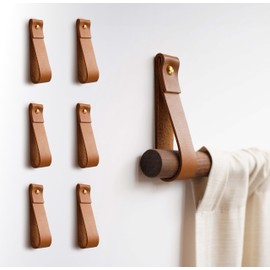 6 Pack Genuine Leather Wall Straps by KEYAIIRA - Sustainably Sourced, Handcrafted Decorative Curtain Rod Holders, Wall Mount Display Loops for Oars, Blankets, Macrame - The Original Design
