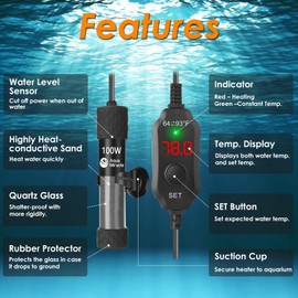 AquaMiralce 100W Aquarium Heater with Compact Size, Submersible Fish Tank Heater with LED Digital Display Thermostat, Adjustable Fish Heater Turtle Heater for 10-20 Gallon Tanks