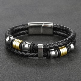 Leather Cuff Bracelet for Men Black Braided Wristbands Double Row Leather Bangle Bracelet for Women (black)