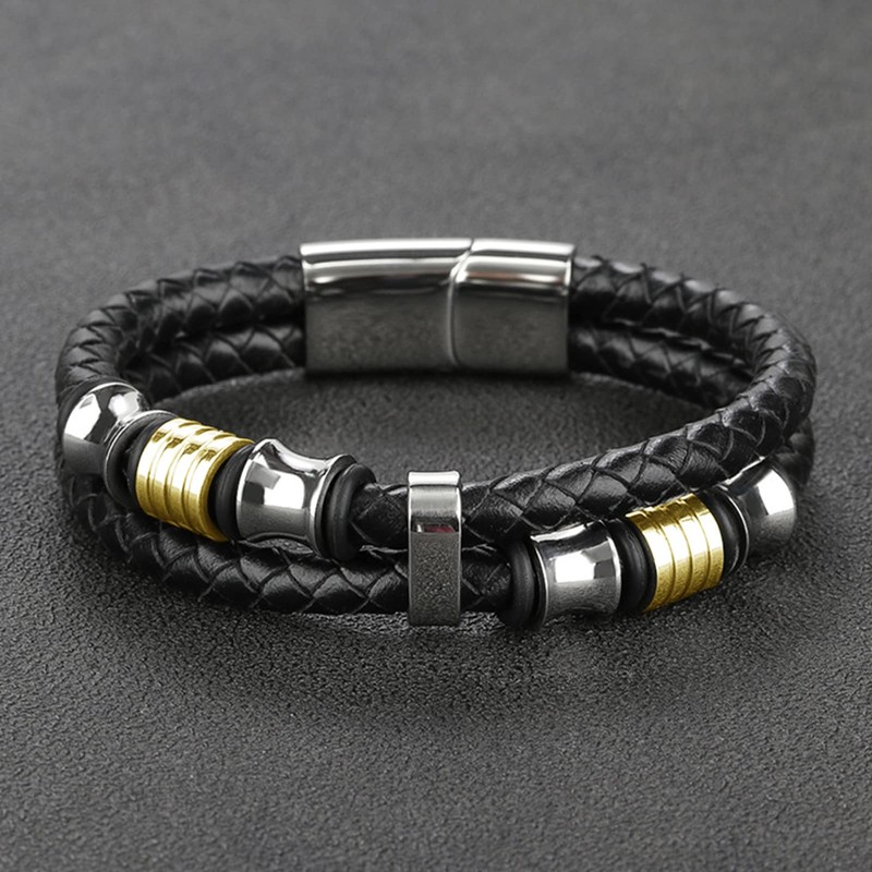 Leather Cuff Bracelet for Men Black Braided Wristbands Double Row