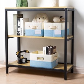 PRANDOM Fodable Storage Bins for Closet [3-Pack] Decorative Fabric Storage Baskets Cubes with Leather/Metal Handles for Shelves Bedroom Living Room Blue&Cream (11.5x8.5x6.7 Inch)