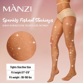 MANZI 2 Pairs Rhinestone Fishnet Tights for Women High Waist Glitter Fishnet Stockings Sparkly Natural
