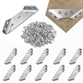 ZKSMNB Universal Stainless Steel Furniture Corner Connector, Corner Brackets for Wood Furniture, Furniture Triangle Support Frame, Angle Fasten Connector for Table, Shelf, Chair (10 PCS with 70 Screw)