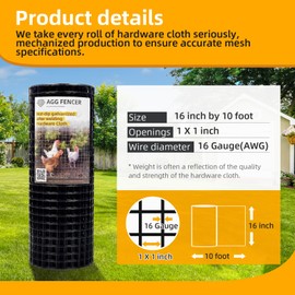 AggFencer 16in x 10ft Black Hardware Cloth 1 inch 16Ga PVC Coated Wire Mesh Vinyl Coated Fence, Welded Metal Chicken Wire Fencing Roll, Garden Plant Fencing, for Chicken Coop and Home Improvement