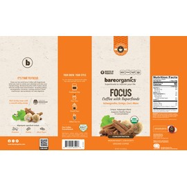 BareOrganics Artisan Ground FOCUS Bagged Coffee with Superfoods, Medium Roast, Non-GMO & Gluten-free, Ginkgo, Ashwagandha & Lion’s Mane Mushrooms, 10 oz