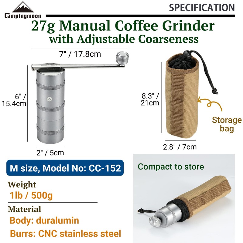 CAMPINGMOON - Molinillo de café manual para camping, acero inoxidable,