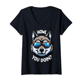 Womens Funny Wolf Howl You Doin Wildlife Animal Pun Lover V-Neck T-Shirt