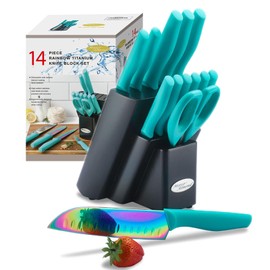 Marco Almond Knife Block Set, Knife Set Rainbow Color, 14 Piece Stainless Steel Kitchen Knife Sets with Block, KYA27 Chef Cooking Steak Knives Set for Kitchen