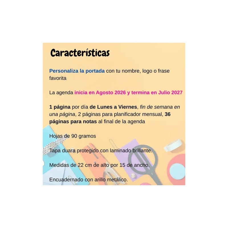 Agenda Escolar Diaria 2026 -2027 Personalizada Pasta Dura 39