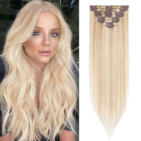 Benehair Clip-In Real Hair Extensions, 8 Pieces, 100% Real Hair, Camel Mixed Light Gold Hair Extensions, Clip Hair Extensions for Women, 18 Hair Clips per Set, 45 cm, 70 g
