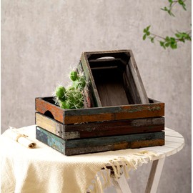 TIMRIS Set of 3 Rustic Distressed Wood Nesting Crates, Farmhouse Decorative Wooden Storage Boxes, Large Vintage Reclaimed Wood Baskets for Display (Random)