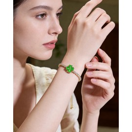 Teppdfann 14K Gold Plated Emerald Rotating Four Leaf Clover and Cubic Zirconia Adjustable Bracelet Dainty Jewelry for Women