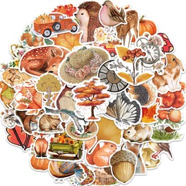 50PCS Autumn Maple Leaf Pumpkin Stickers, Thanksgiving Autumn Maple Leaf Animal Sticker Set, For Mugs Journals Phones, Waterproof Vinyl Cute Squirrel Stickers, For Kids Teens Adults