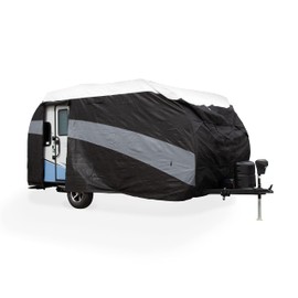 Camco ULTRAGuard Supreme RV Cover | Mini Travel Trailers Up to 17' 7" w/Front Door Entry | Zipper Entry Doors & Covered Air Vents | Polypropylene & Dupont Tyvek | Storage Bag for RV Storage (56172)
