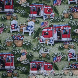 Signature BonEful Fabric FQ Cotton Quilt Red White Blue Patriotic Camper VTG American Flag