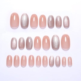 24 pcs Nail Tips, Medium Length, Beautiful and Lovely Cat Eye Stone, Party After-party, Wedding Nails