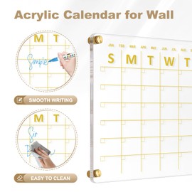 AMUSIGHT Large Acrylic Calendar for Wall, 24" X 16" Golden Clear Acrylic Wall Calendar, Clear Wet & Dry Erase Calendar Hanging Frameless Monthly Planner for Office, Home or School, 2 Markers
